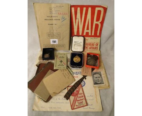 A mixed lot to include a 9ct gold Taylor Walker Darts competition League Winners medal for 1934/35 season, a World War 1 sold