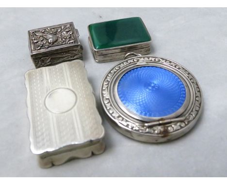 An Edwardian silver and blue enamel powder pot, two white metal trinkets and a silver snuff box