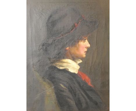 Initialed M F - a 19th century continental gilt framed oil on canvas, portrait of a young lady wearing a hat, 11 x 15