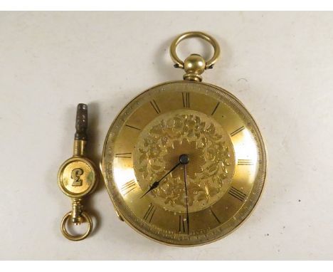 A Swiss 18ct gold cased, open faced pocket watch with key and case