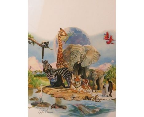 Dylan Scott Pierce - hand signed limited edition coloured print entitled Zoo Animals, framed and glazed, 11 x 13