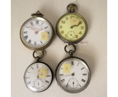 A group of four late Victorian to Edwardian pocket watches to include a small silver English cased lever pocket watch, moveme