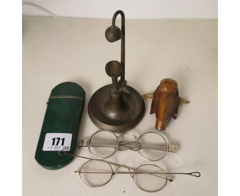 An early 19th century shagreen and silver mounted spectacle case with original spectacles, treen pipe bowl and a stand