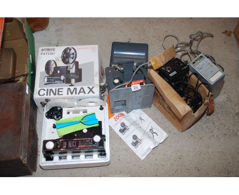 A boxed Cine max automatic super 8 projector, Ferguson Videostar adaptor and a Sharp Compact video system adaptor AH220.