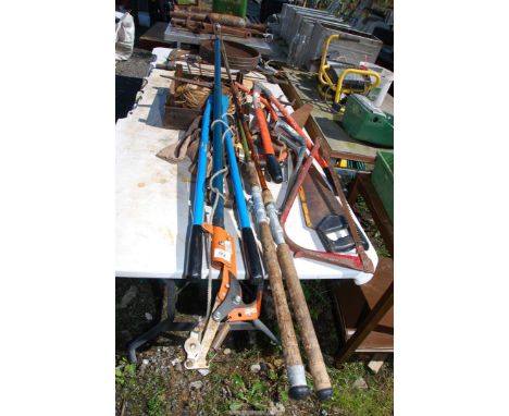 Miscellaneous garden and carpentry tools, including wood saws, fishing rods, loppers, garden forks and long armed pruner, etc