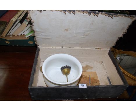 A small trunk with studded initials "JR" to lid, chamber pot and hearth brush a/f.