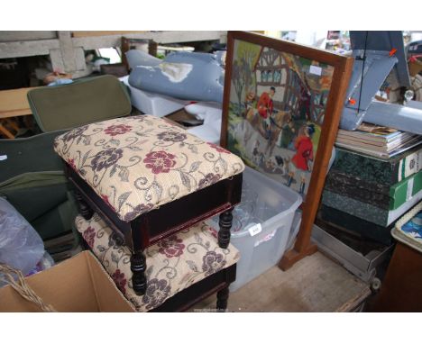 A 'Hunting scene' tapestry fire screen, two footstools, and a box of tall glasses.