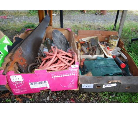 Miscellaneous of tools including two boxes of brush cutter blades, wood saws and 9" cutting discs.