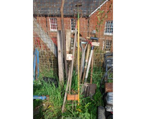 Quantity of garden tools - includes shovels, hoes, fork, garden lines, etc.