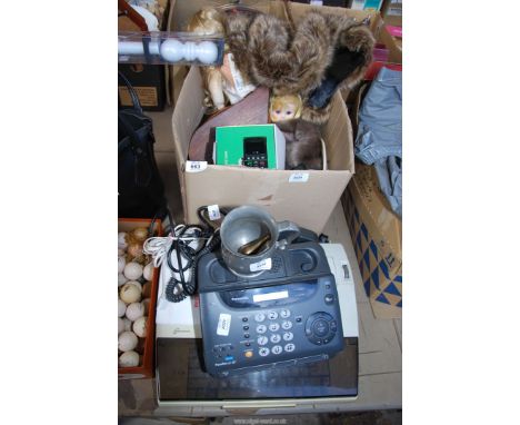 A Panasonic Fax machine, large button phone, travel iron, electric typewriter, and a box of furs and dolls, etc.