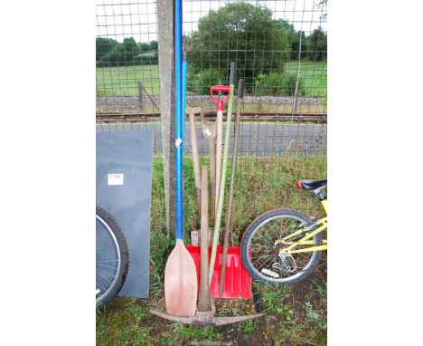A Pike, Snow Shovel, Gardening tools and Double oar paddle.