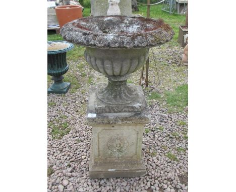 Well aged stone planter on plinth&nbsp; 