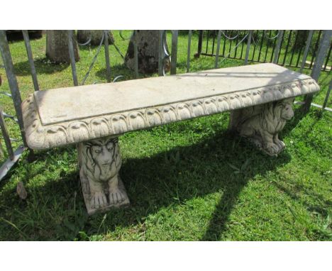 Beautiful stone scallop edge bench on lion pedestals - Approx Length: 137cm&nbsp; Width: 43cm&nbsp; Height: 48cm 