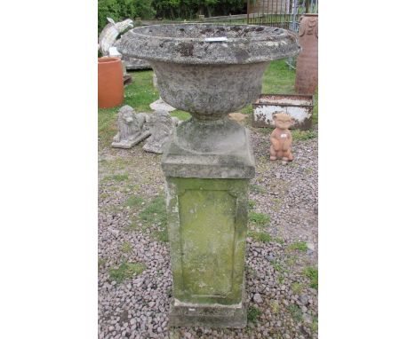 Stone planter on stone plinth - Approx Height: 118cm 