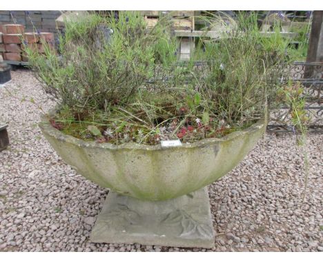 Stone planter on stone plinth - Approx Height: 41cm&nbsp; Diameter: 76cm 