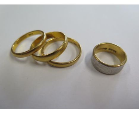 Three 22ct gold rings, two hallmarked, sizes O, Q, T, and a hallmarked 22ct yellow and white metal ring, size G/H, total weig