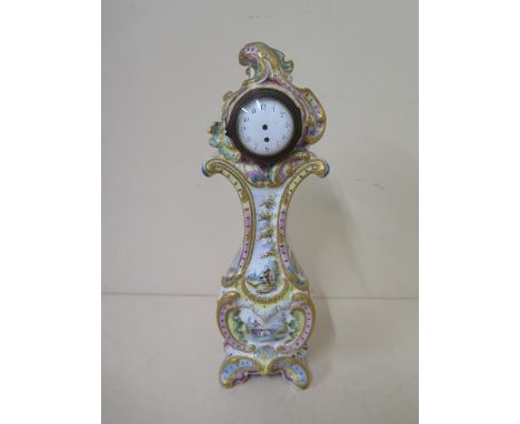 A china Gustav style mantle clock with coloured decoration and a watch movement, 30cm tall, movement needs attention, case ge