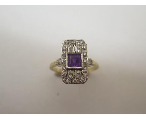 A hallmarked 9ct gold amethyst and diamond ring, size P, head approx 8mm x 16mm, approx 3 grams, in good condition 