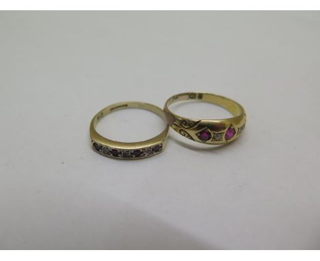 A hallmarked 9ct gold diamond and ruby ring, size L, approx 1.6 grams, and another diamond and ruby ring, part hallmarks so h