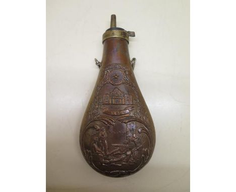 A large copper and brass powder flask entitled Liberty or Death 1836, 22cm long, commemorating the battle of the Alamo, reaso