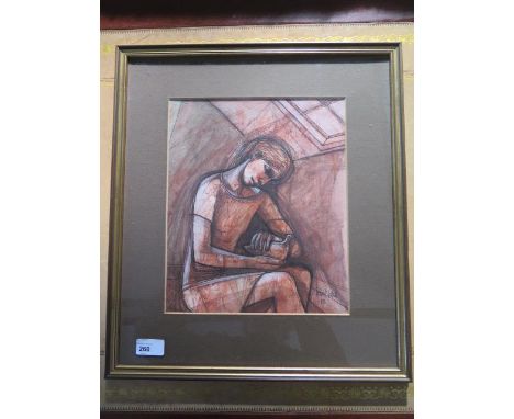 Peter Nuttal sketch girl in attic with pigeon, signed and dated 83, in a gilt frame, frame size 47cm x 41cm, in good conditio