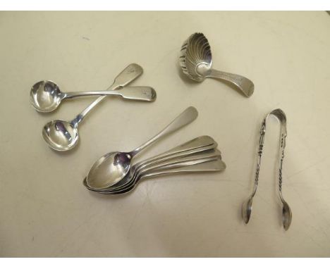 A pair of silver mustard spoons London 1819 Solomon Royes six silver teaspoons, a silver cup James Deakin &amp; Sons 1887 and