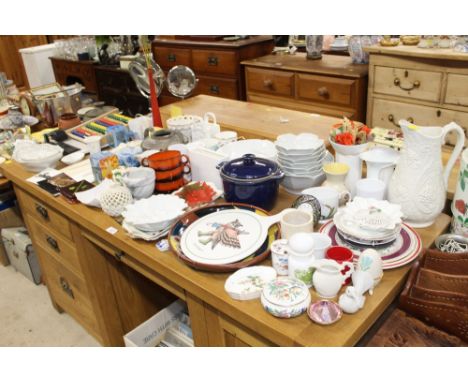 A large quantity of various sundry china to include a guillotine abacus, pottery fruit bowl, Parianware type jug, Ainsley Pem