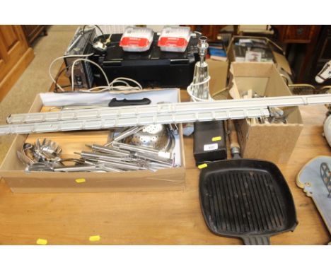 A quantity of various kitchenalia and utensil hangers, cased cruet set and a glass table lamp