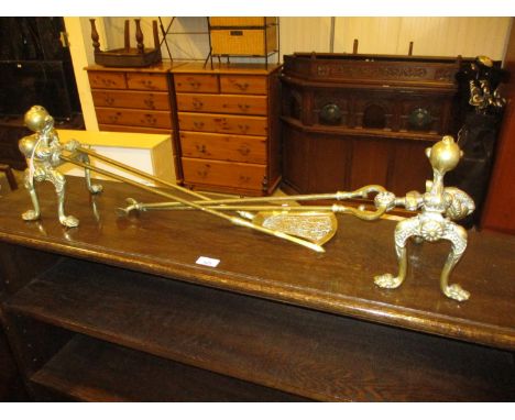 Pair of Ornate Brass Fire Dogs and 3 Fire Tools 