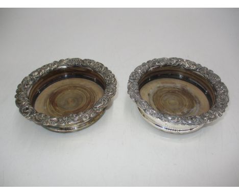 Pair of Silver Plate and Wood Decanter Coasters 