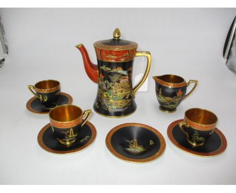 Carltonware Chinoiserie Decorated Mikado Coffee Pot, Cream Jug, 3 Cups and 4 Saucers, No. 2881 