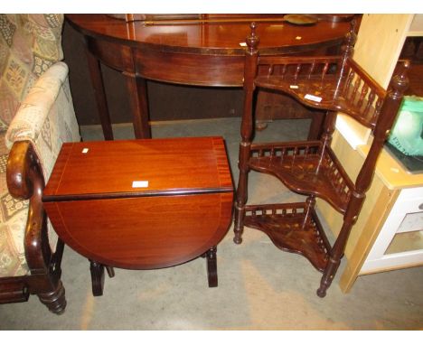 Eastern Brass Inlaid Corner Shelf and a Reproduction Drop Leaf Coffee Table 