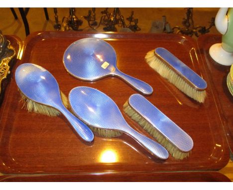 Silver and Blue Enamel 5 Piece Dressing Table Set, Birmingham 1926/27 