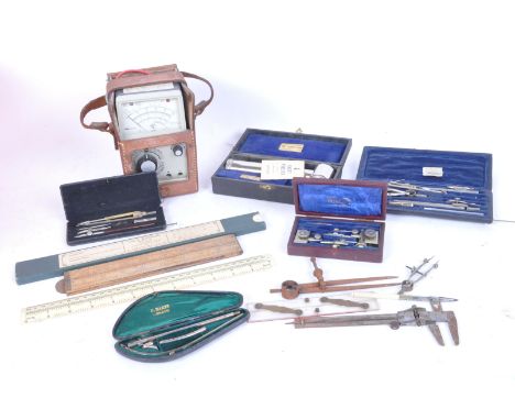 An assortment of retro vintage 20th century engineering &amp; draughtsman tools to include Technique - 1410 compass, The Ultr