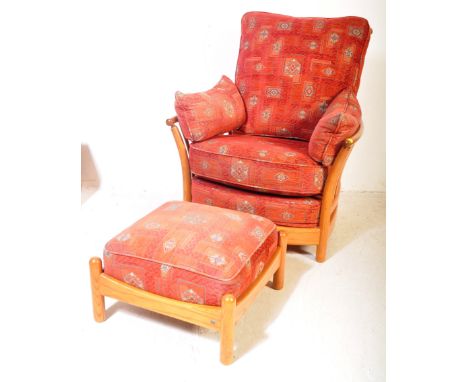 
Lucian Ercolani - Ercol - A contemporary Ercol Renaissance pattern beech &amp; elm armchair and ottoman footstool. Stick bac