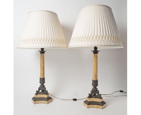 19th century. Candlestick height 18 3/4 inches, overall height 33 inches. Qty: (2)Chipped marble bases.Chipped marble bases.A