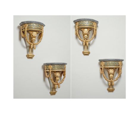 Late 18th century, stamped NJ. Each with gray marble top above a blind fretword-carved frieze, draped with laurel swags and u