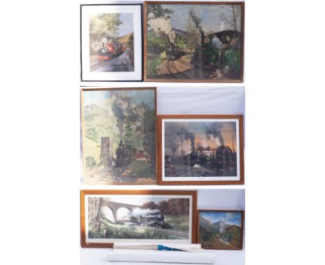 A lot containing a selection of framed prints to include SUNSET OF AN ERA by T Cuneo. TALLYN RAILWAY by Cuneo. TOP OF THE LIN
