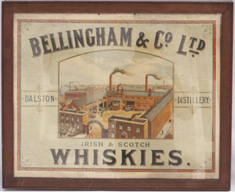 Framed and glazed advertising show card. BELLINGHAM &amp; CO LTD IRISH &amp; SCOTCH WHISKIES DALSTON DISTILLERY. Measures 25.
