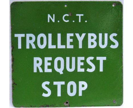 Double sided enamel Bus stop sign. NCT TROLLEY BUS REQUEST STOP. Nottingham City Transport. Measures 15.75in x 15in.