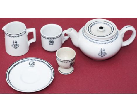 Great Western Railway Black leaf pattern china, Teapot with repair to handle, Egg Cup with repair to base, Coffee cup with a 