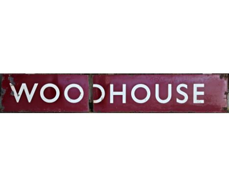 BR(M) Enamel running in board. WOODHOUSE. From Mansfield Woodhouse Station. In fair condition with crease. Measures 94in x 16