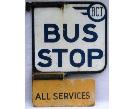 Double Sided enamel Bus Stop Sign. BCT BUS STOP with lower section ALL SERVICES. Ex BRADFORD CITY TRANSPORT. Measures 12in x 