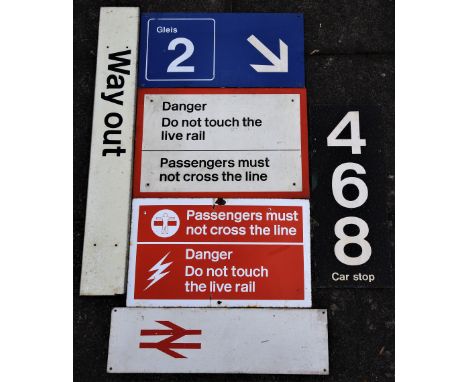 A collection of 6 x modern image signs to include WAY OUT. BR Arrow. DANGER DO NOT TOUCH LIVE RAIL plus others.