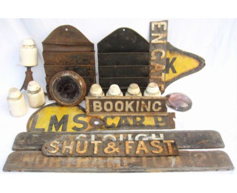 A Sundry Lot containing several miscellaneous items. Broken SHUT THIS GATE sign. Broken GWR BOOKING OFFICE sign. 2 x GWR leaf