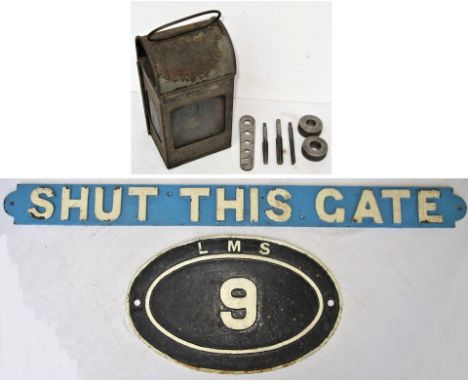 A Lot to include 4 x items. Cast iron LMS bridge plate 9. M&amp;GNJR SHUT THIS GATE Sign repainted front and back. GWR engine