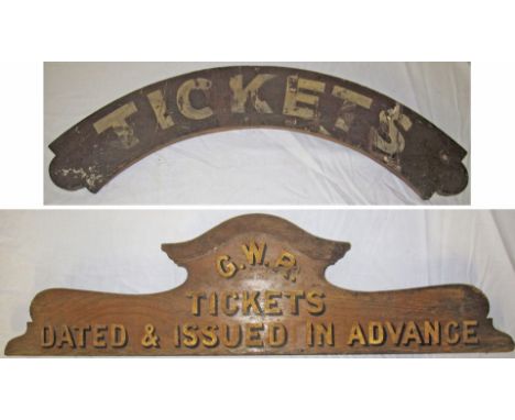 2 x wooden ticket office signs. TICKETS and GWR TICKETS DATED AND ISSUED IN ADVANCE written in gold leaf both in original con