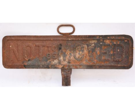 GWR NOT TO BE MOVED bracket sign. Devoid of paint in original recovered condition. Measures 37 in long.