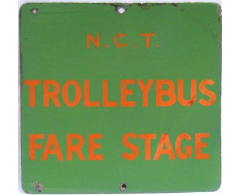Double sided enamel Bus stop sign. NCT TROLLEY BUS FARE STAGE. Nottingham City Transport. Measures 15.75in x 15in.