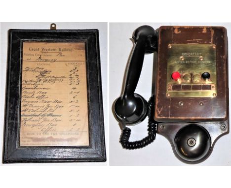 Western Region Two button telephone together with a GWR telephone circuit card in GWR frame. Both recovered from TREGOSS Sign